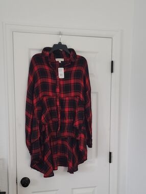 Red and Black Plaid Midi Dress with Relaxed Shirt Silhouette